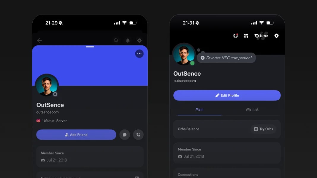 Discord interface mockup showing the same profile picture in direct messages, a server member list, and a user profile card