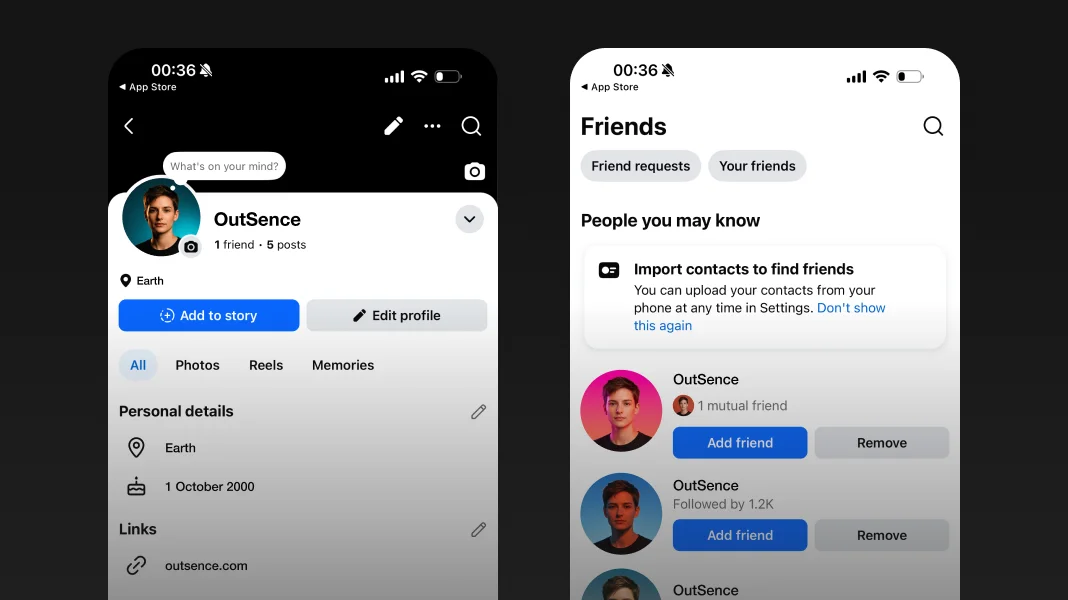 Facebook interface mockup showing the same profile picture on a profile page, in comments, inside a group, and in Messenger