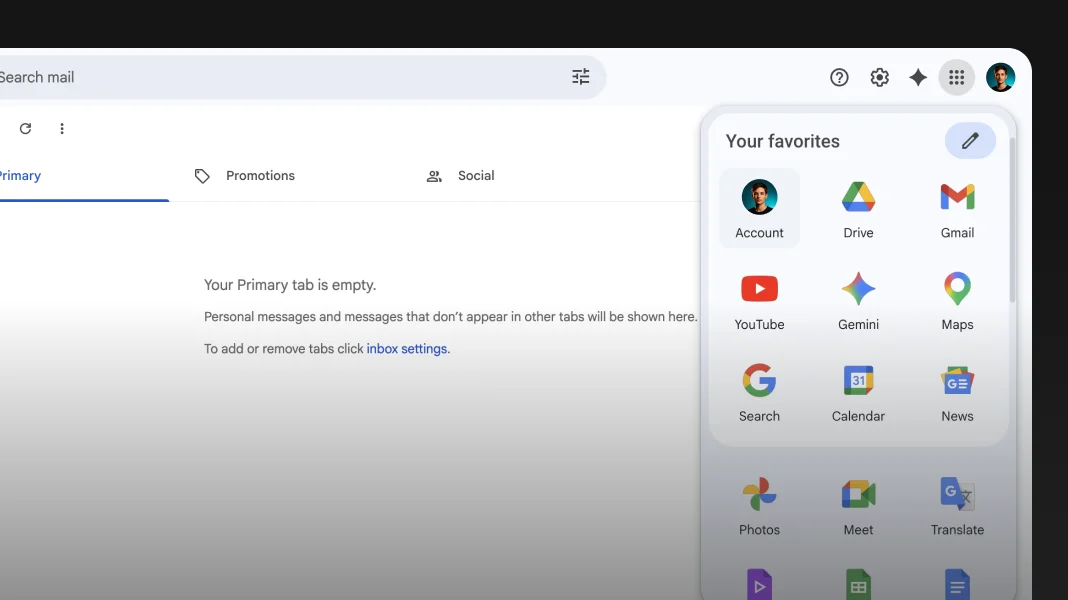Gmail interface mockup showing the same profile picture in the inbox, an email thread, and a chat list