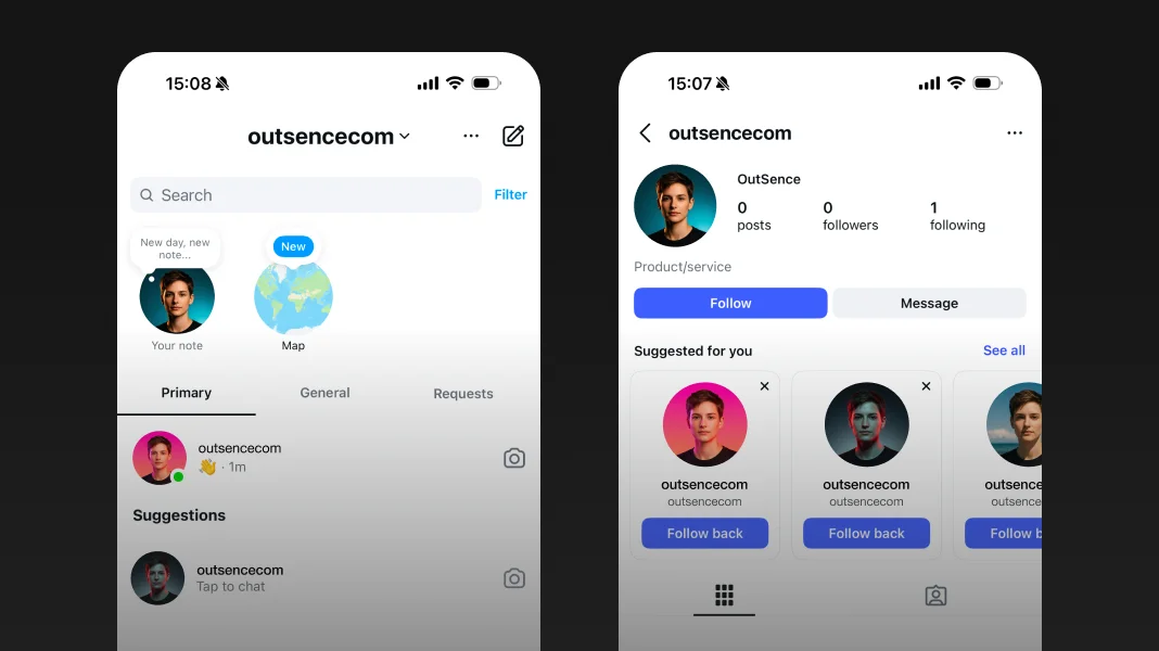 Instagram interface mockup showing the same profile picture in the story ring, comments, direct messages, and profile header