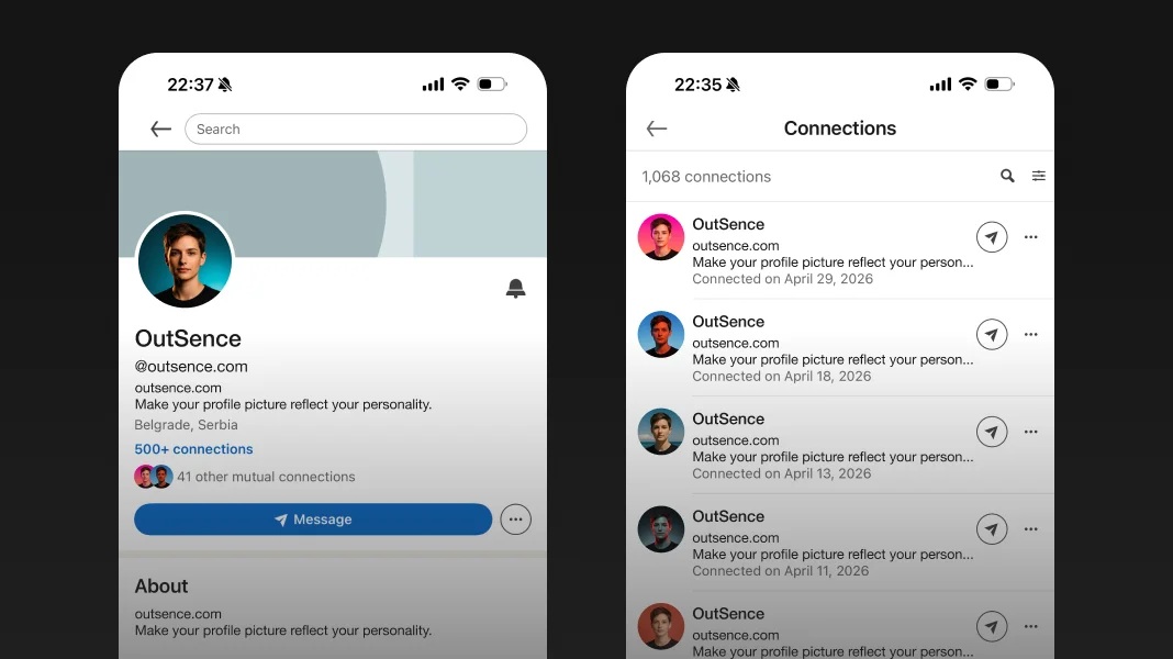 LinkedIn interface mockup showing the same profile picture in search, connection requests, the profile header, and comments