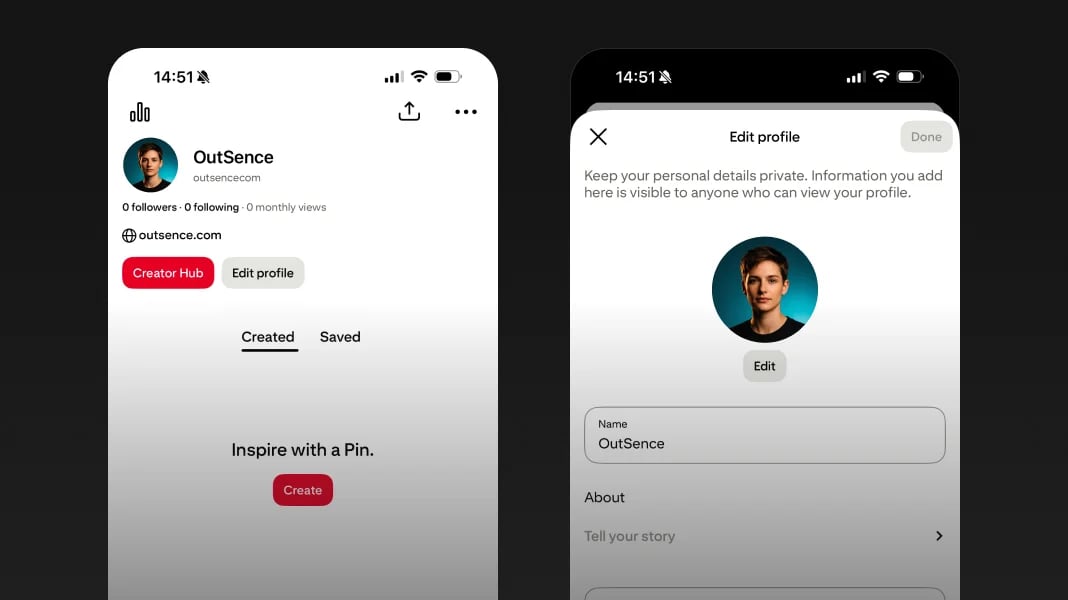 Pinterest help-page interface screenshot showing profile editing context for a Pinterest account