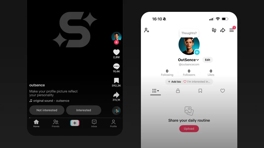 TikTok interface mockup showing the same profile picture on a profile page, beside comments, and in inbox-style interactions