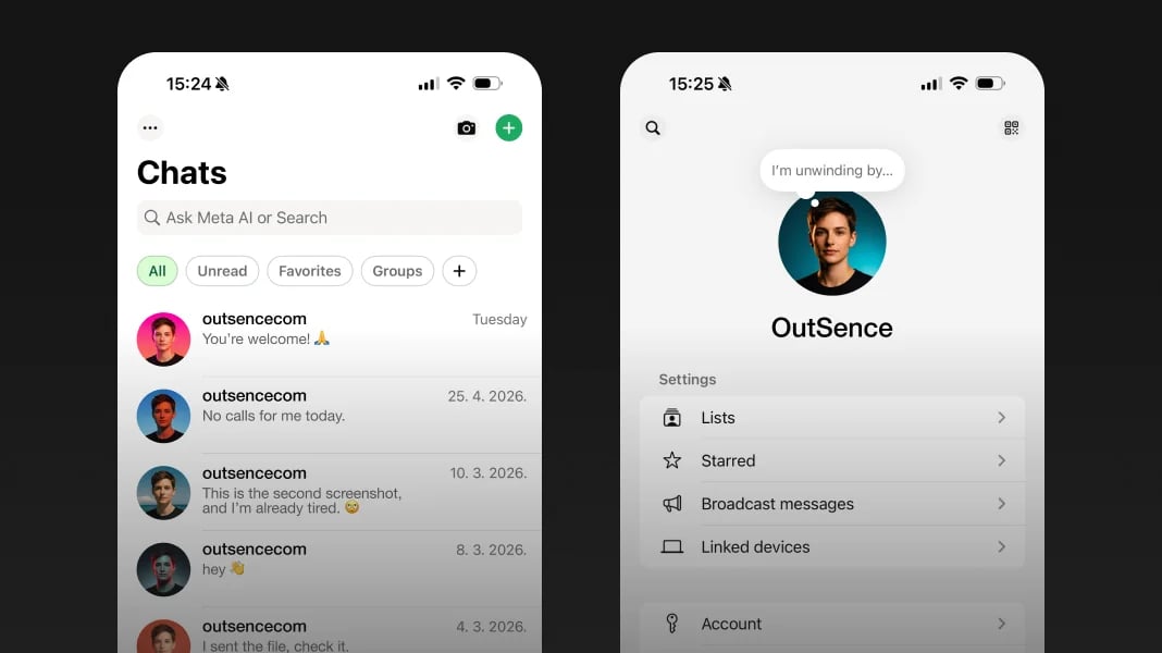 WhatsApp interface mockup showing the same profile picture in the chat list, a group thread, the call screen, and a contact header