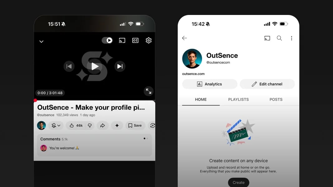 YouTube interface mockup showing the same profile picture on a channel page, beside comments, and on video-related channel surfaces